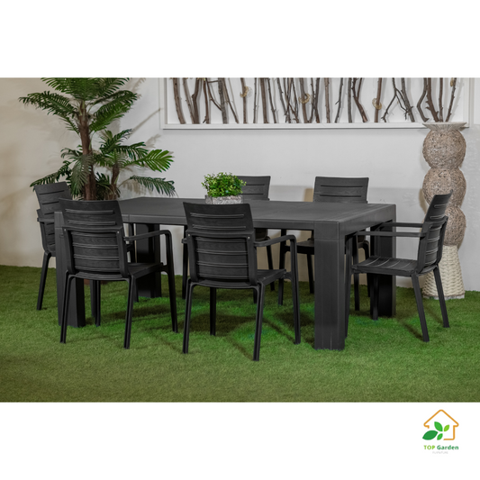 Outdoor dining set with a rectangular table and six chairs, all in black color, presented on a grass-like surface.
